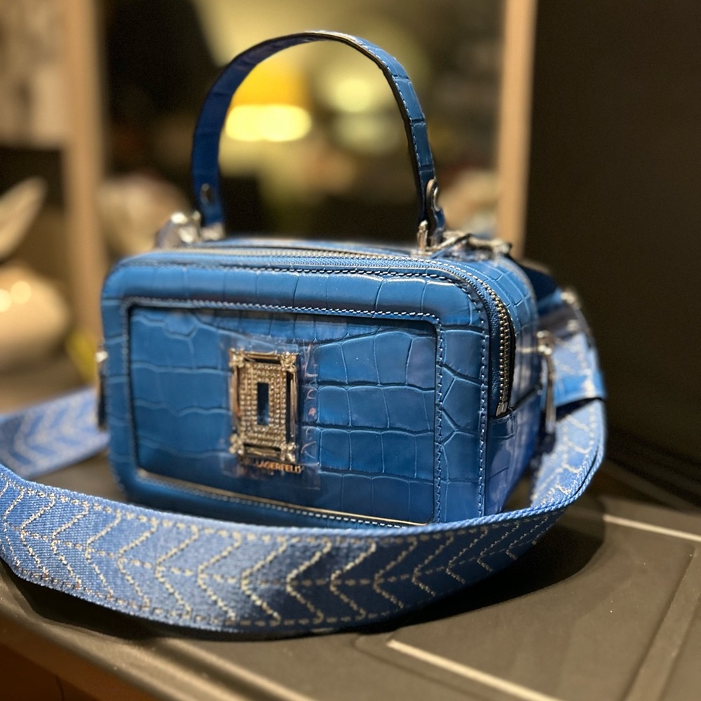 New Karl Lagerfeld Paris Simone Top Handle Crossbody Bag Blue | Crocodile | - Picture 6 of 8